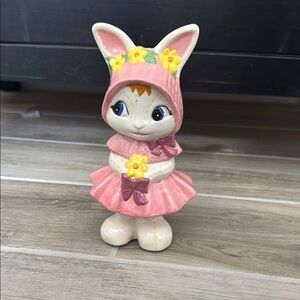 Pink Bunny Figurine with Yellow Flowers